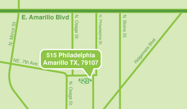 A map of the location of KB Recycling, a company that offers residential and commercial recycling services. Their address reads 515 Philadelphia Amarillo Texas 79107
